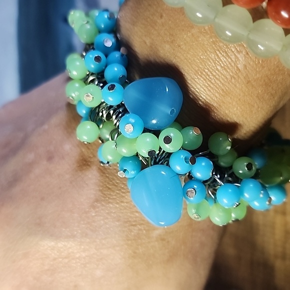 Silver Aqua Blue and Green Cha Cha Stretch Bracelet - Picture 6 of 6